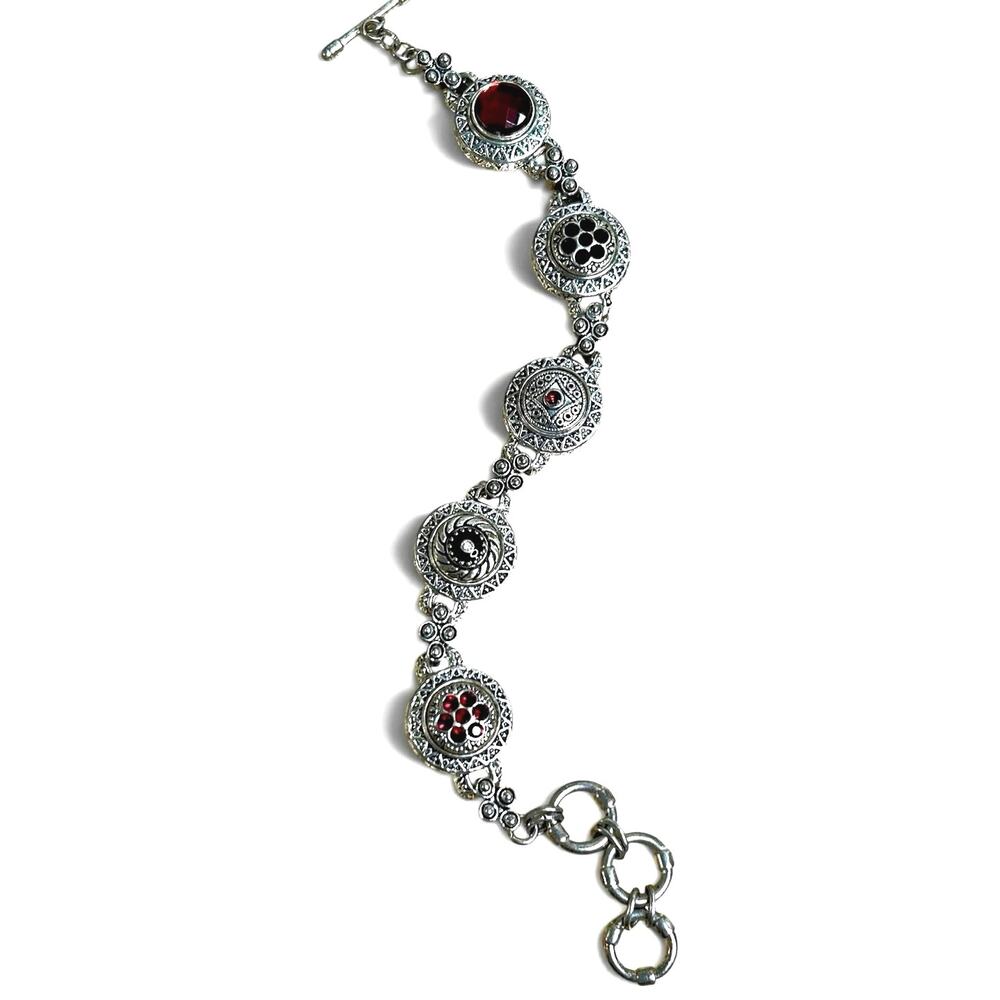 Vintage Silver Tone Ornate Medallion Link Toggle Bracelet Red Black Accents
